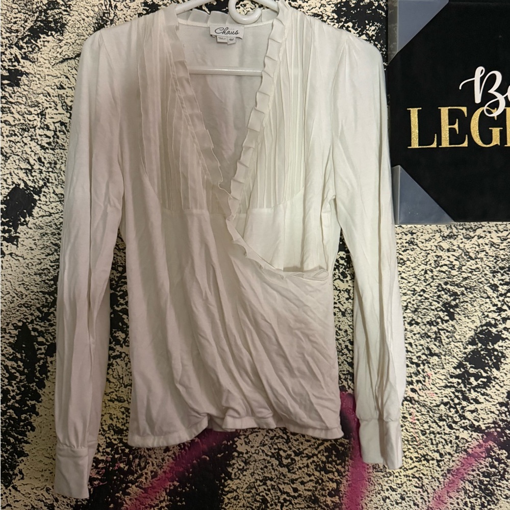 Chico's Cream Ruffle V-Neck Blouse - Picture 2 of 5